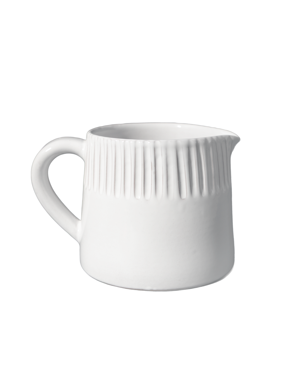 White ceramic pitcher with ribbed design on a white background