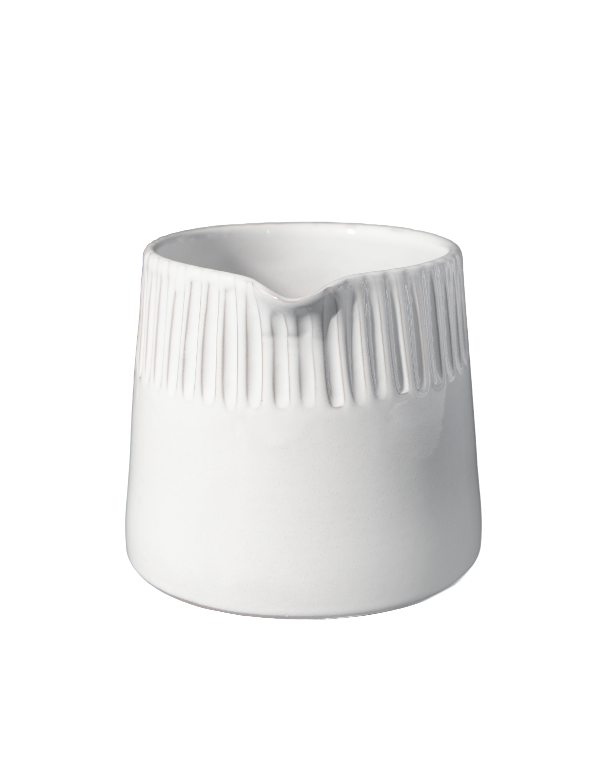 White ceramic pitcher with ribbed design on a white background