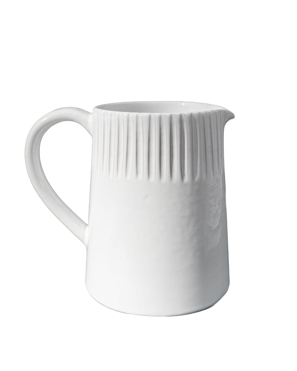 White ceramic pitcher with ribbed design on a white background