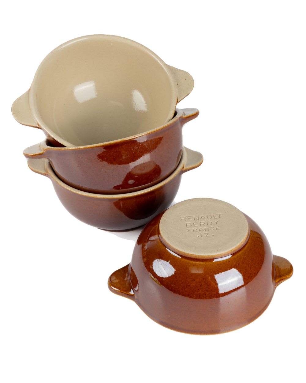 Set of ceramic bowls with handles in brown and beige on a white background