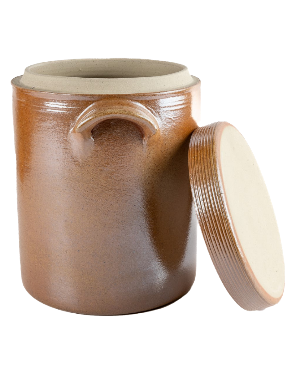 Brown ceramic jar with beige lid on a white background