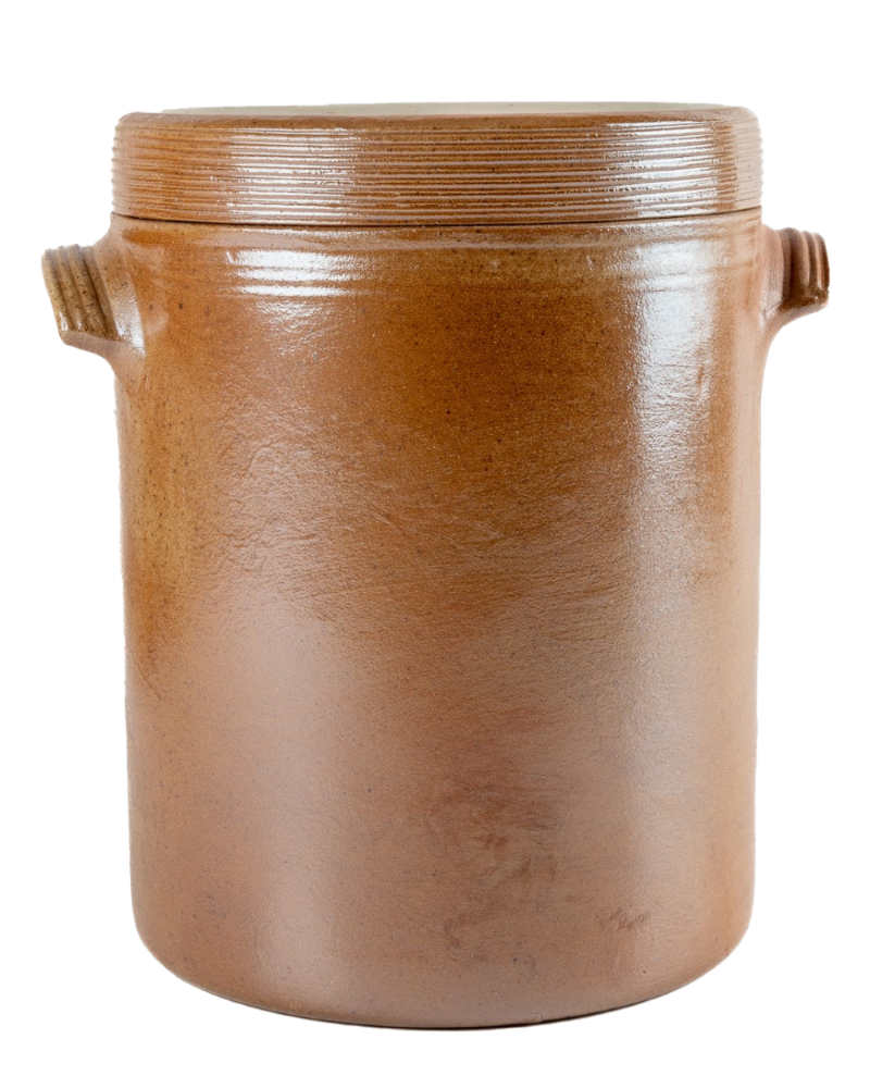 Brown ceramic jar with handles on a white background