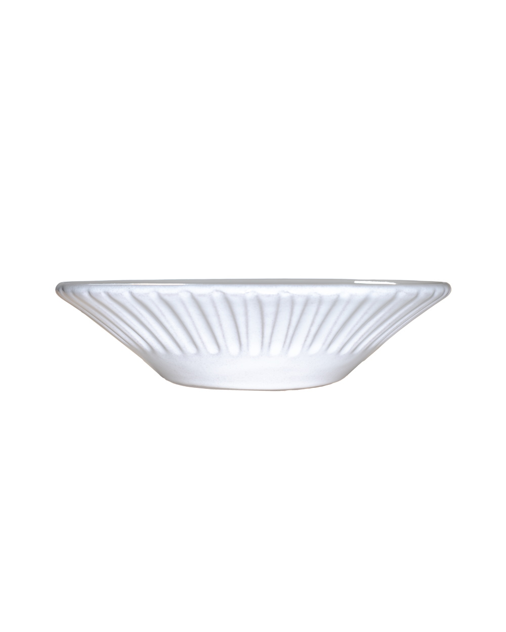 White ceramic bowl with ribbed design on a white background