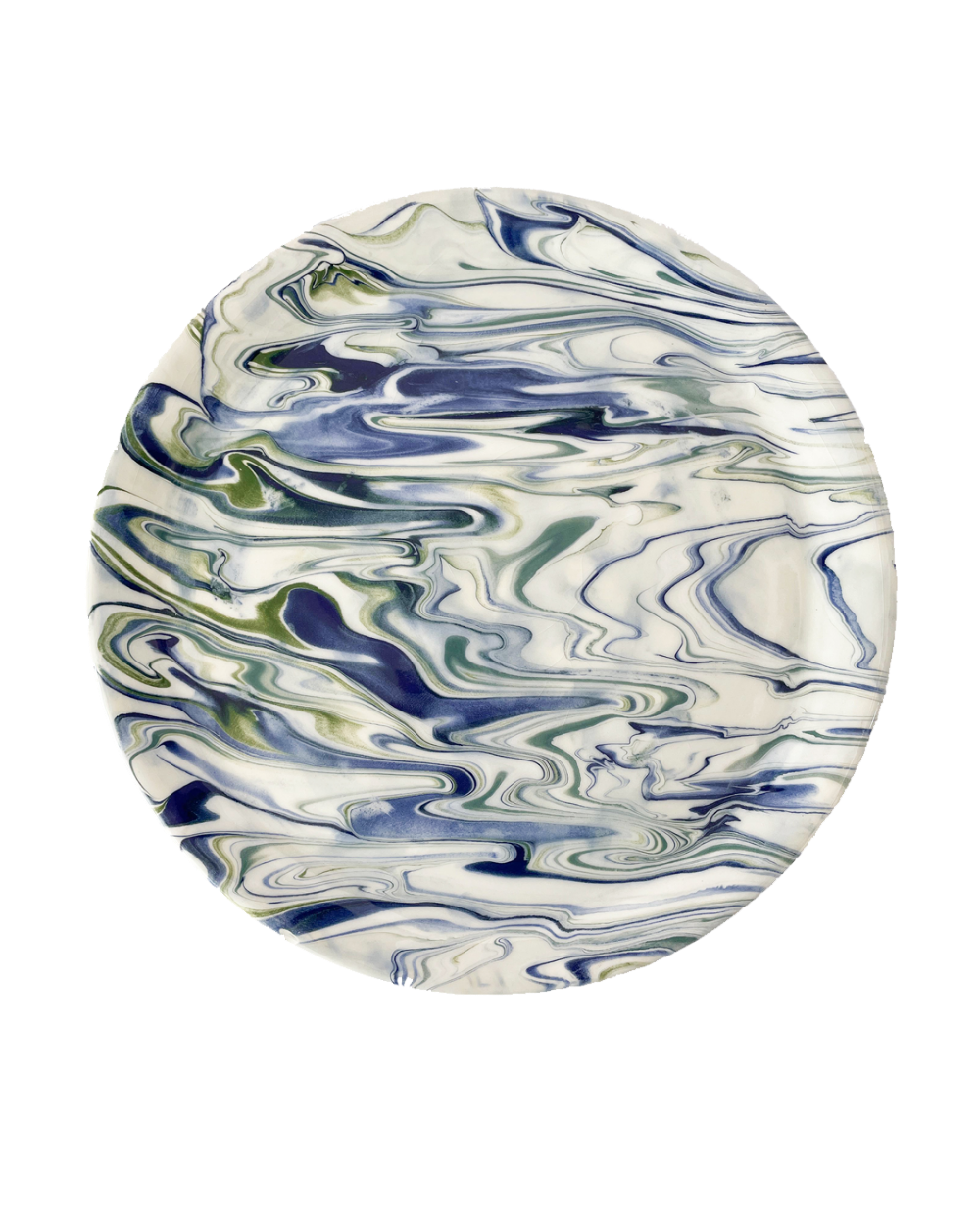 Round ceramic plate with blue and green marbled pattern on a white background