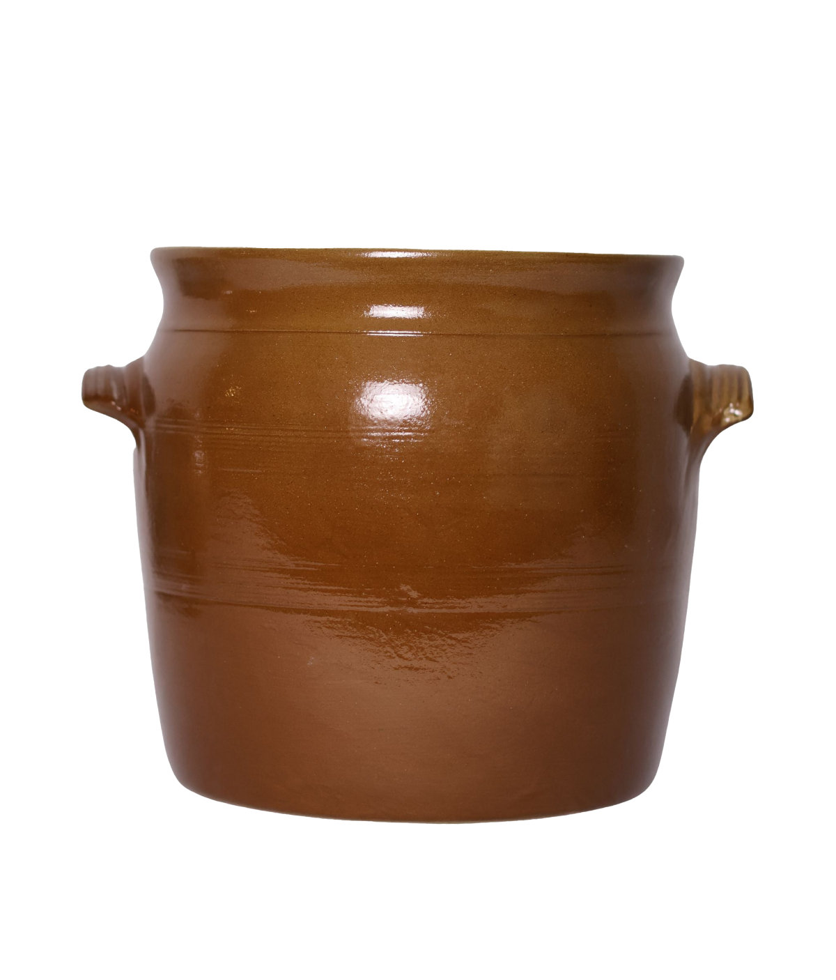 Brown ceramic pot with handles on a white background