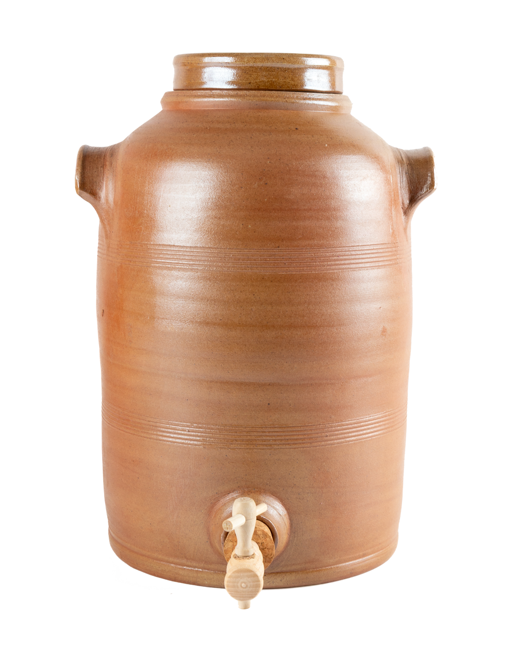 A large brown ceramic canister with a glazed finish, featuring side handles and a small spout with a white plastic cap at the bottom, isolated on a white background.