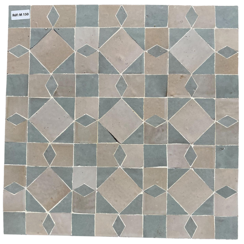Geometric patterned tile sample with various shades of gray and beige.