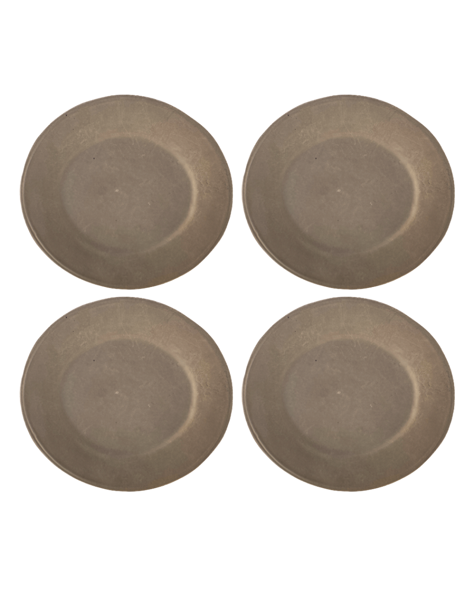 Four brown ceramic plates on a white background