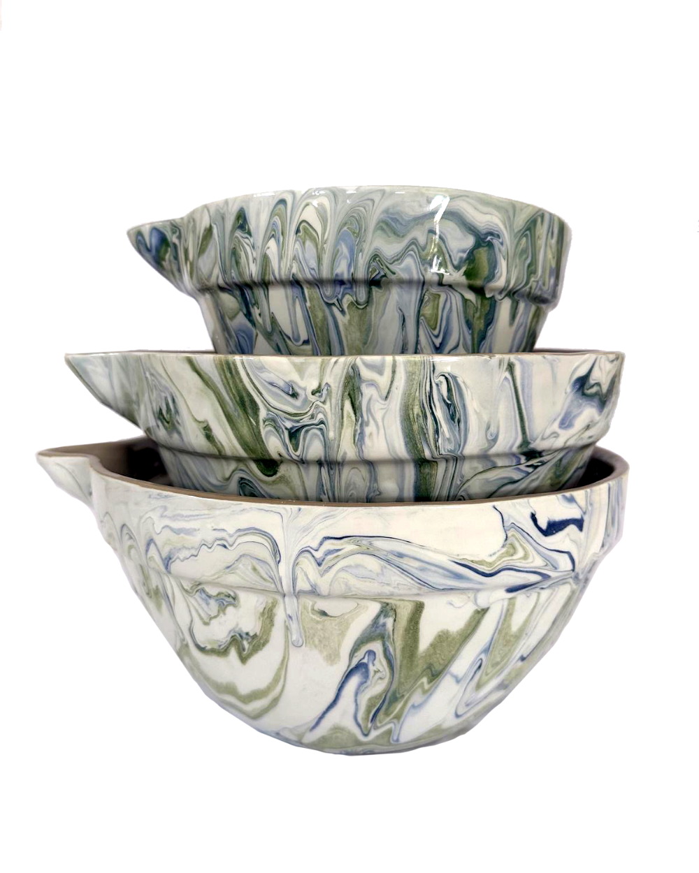 Set of three marbled ceramic bowls on a white background