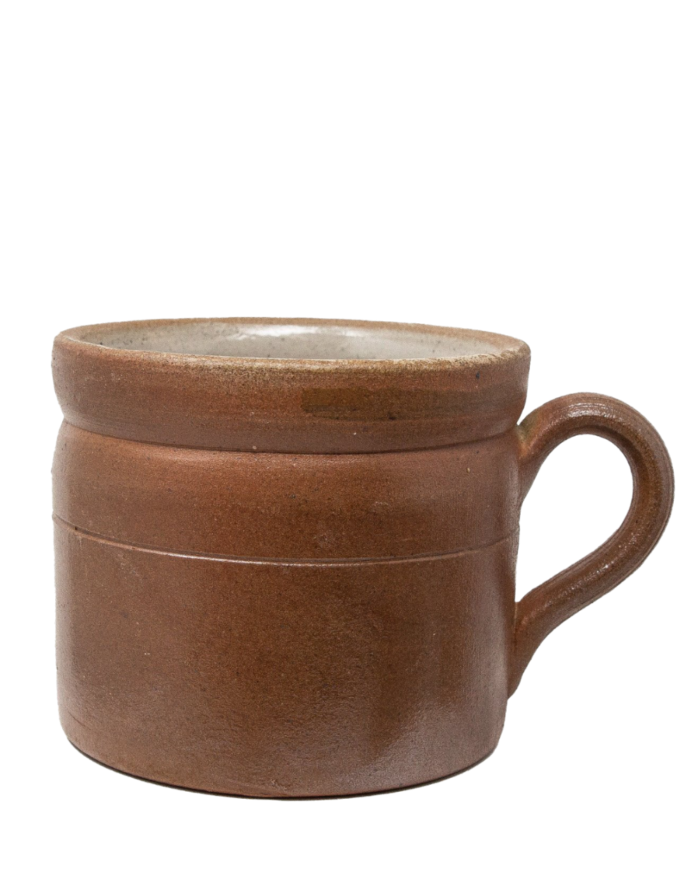 Brown ceramic crock with a handle on a white background