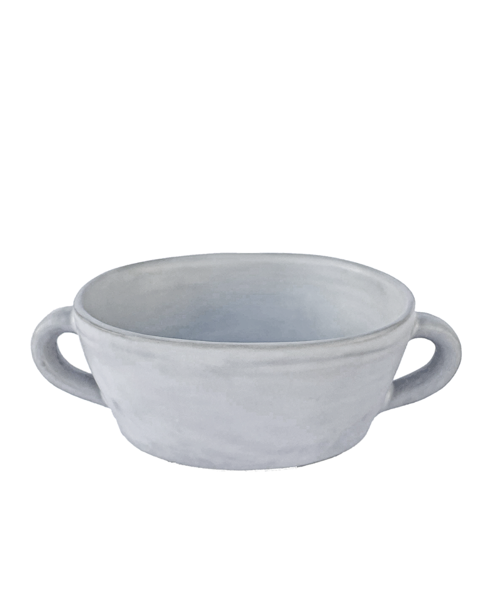 Off white ceramic bowl with handles on a white background