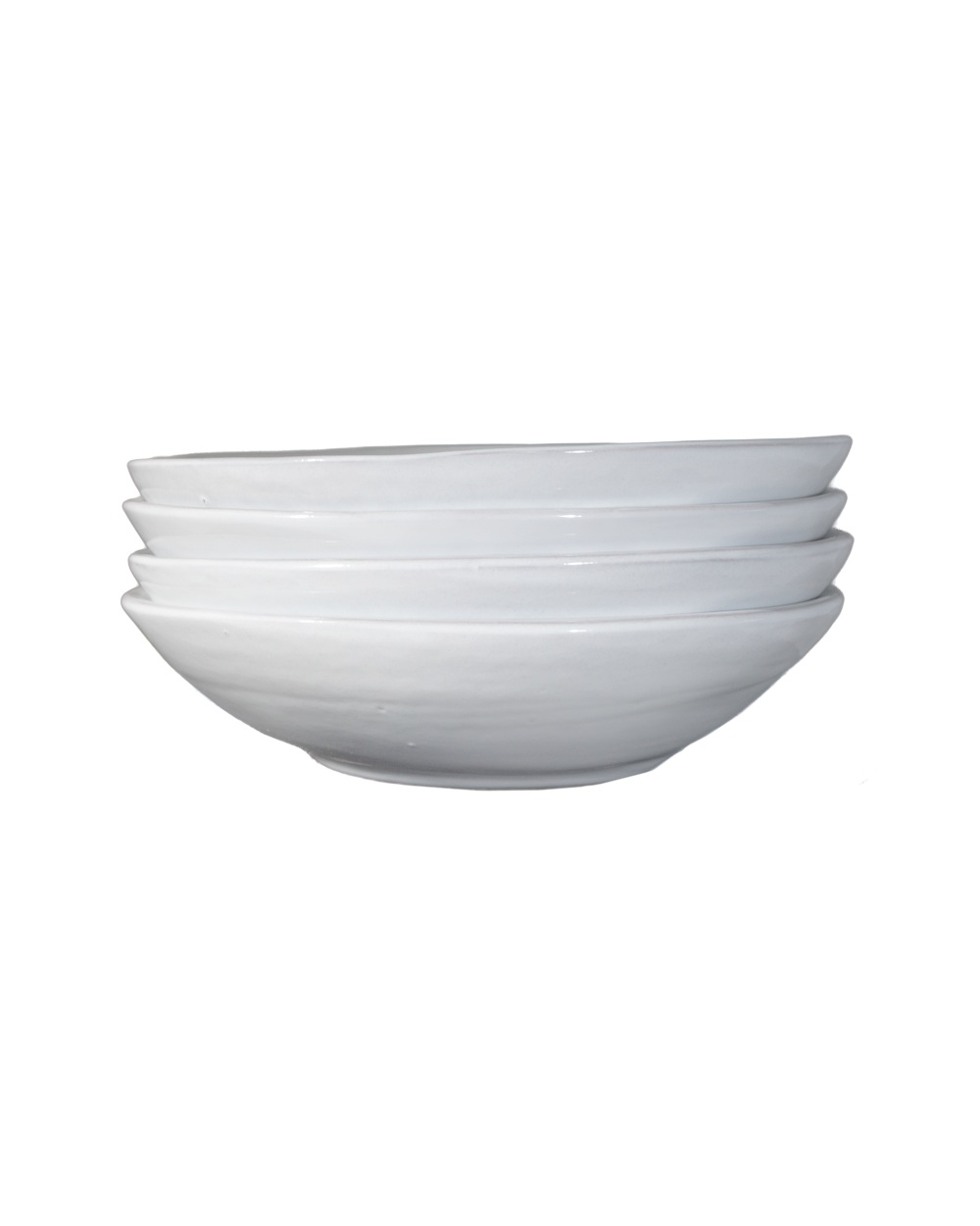 Stack of white ceramic bowls on a white background