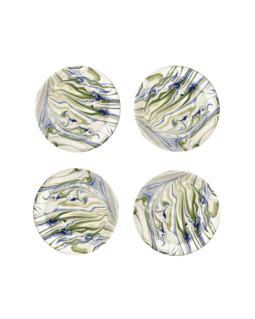 Four marbled ceramic plates with green and blue patterns on a white background